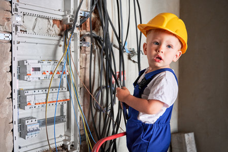 Portrait of child electrician cutting electrical wire with pliers while standing near electrical switch panel. Kid repairing electric wiring cable at home.の写真素材
