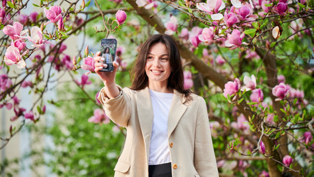 Smiling woman taking selfie with smartphone among spring blossoms with soft focus on the background.の写真素材
