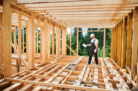 Worker building wooden two-story house near the forest. Man in work clothes and hard hat reviewing the construction plan. The aim is to implement modern, environmentally-friendly construction methods.の写真素材