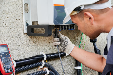 Man electrician installing solar panel system. Close up technician in gloves making electrical wiring inverter and electric box. Concept of alternative and renewable energy.の写真素材