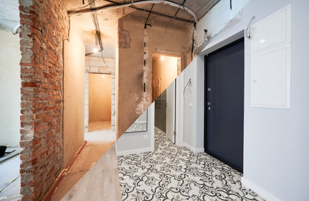 Old apartment with brick walls and new renovated flat with doors and stylish design in white tones. Inferior of apartment before and after renovation.の写真素材