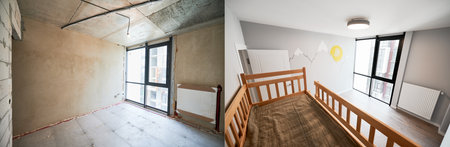 Old apartment room with brick wall and new renovated flat with parquet floor and kid house bed. Comparison of children room with wooden bunk bed before and after renovation.の写真素材