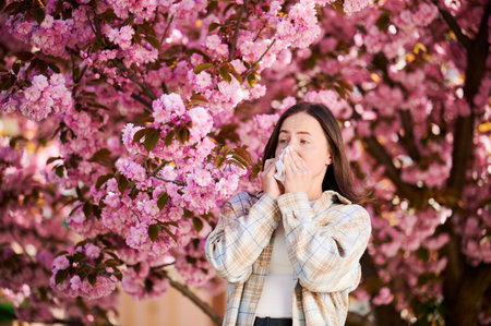 Woman allergic suffering from seasonal allergy at spring in blossoming garden at springtime. Woman sneezing and blowing nose using nasal handkerchief in front of blooming tree. Spring allergy concept.の写真素材