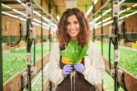 Female gardener holding pot with green arugula plant in greenhouse. Portrait of woman in work overalls looking at camera and smiling while standing in aisle between racks with plants.の写真素材