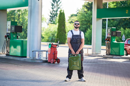 Professional worker holding canister in hands. Confident operator in sunglasses and overalls waiting...