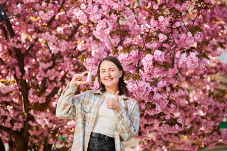 Woman allergic holding medical nasal spray, suffering from seasonal allergy at spring in blossoming garden. Smiling woman giving thumbs up near blooming tree outdoors. Spring allergy concept.の写真素材