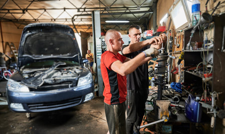 Side view of two men working in garage, auto, servicing center. Professional workers, repairmen, mechanics fixing, repairing car, holding equipment. Concept of manual labor.の写真素材