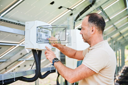 Young male turning on solar panel. Worker launching photovoltaic batery. View of back side of PV panel.の写真素材