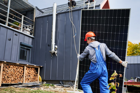 Mounter installing solar panel system on roof of house. Man worker in helmet carrying photovoltaic solar module outdoors. Concept of alternative and renewable energy.の写真素材