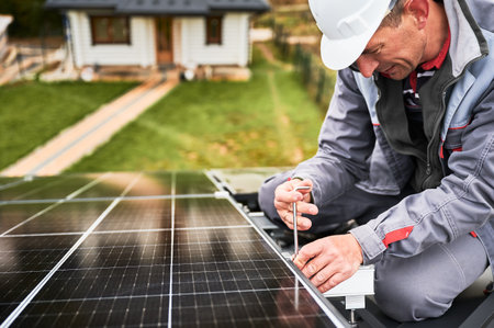 Man engineer mounting photovoltaic solar panels on roof of house. Technician in helmet installing solar module system with help of hex key. Concept of alternative, renewable energy.の写真素材