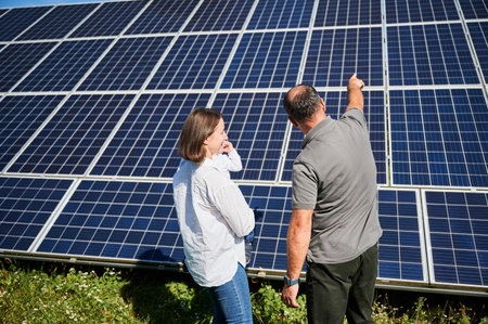 Happy father showing his wife and little son new solar panels. Young family getting acquainted with modern innovation. Back view of young woman with cute child and man looking at solar panels.の写真素材