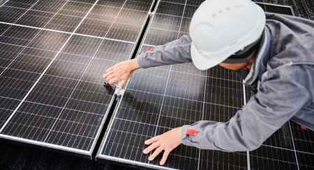 Man mounter mounting photovoltaic solar panels on roof of house. Engineer in helmet installing solar module system with help of hex key. Concept of alternative, renewable energy.の写真素材