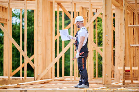 Construction worker building two-story wooden frame house. Man with beard, wearing jumpsuit and hard hat, reviewing the building plan. Intention to implement modern ecological construction practices.の写真素材