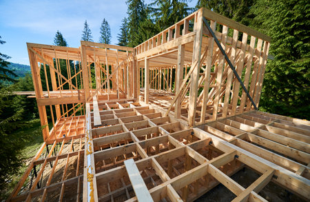 Under-construction residential wooden frame building. Initiation of new construction project for cozy mountain cottage. The concept of modern ecological construction and contemporary architecture.の写真素材