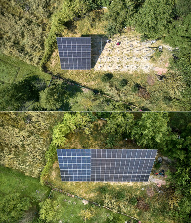 Collage of installing and ready solar panels in field at sunny day. Concept of renewable and ecological energy. Modern technology and innovation. Idea of environment safety. Aerial view.の写真素材