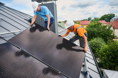 Workers building solar panel system on rooftop of house. Two men installers in helmets installing photovoltaic solar module outdoors. Alternative, green and renewable energy generation concept.の写真素材
