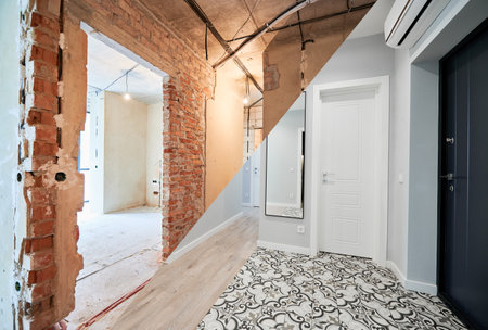 Comparison of old apartment with new renovated flat with doors and white walls. Photo collage of apartment before and after restoration. Home renovation concept.の写真素材