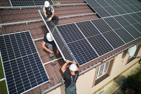 Man technician building photovoltaic solar moduls on roof of house. Mounter in helmet installing solar panel system outdoors. Concept of alternative and renewable energy. Aerial view.の写真素材