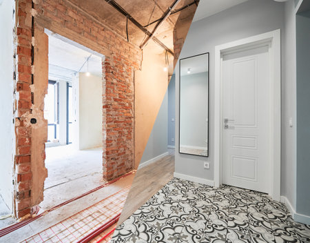 Comparison of old apartment with new renovated flat with doors and white walls. Photo collage of apartment before and after restoration. Home renovation concept.の写真素材