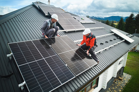 Workers building photovoltaic solar module station on roof of house. Men electricians in helmets installing solar panel system outdoors. Concept of alternative and renewable energy. Aerial view.の写真素材