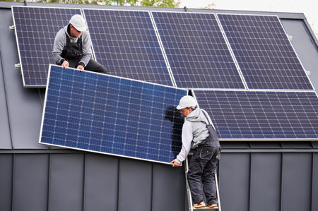 Men electricians installing solar panel system on roof of house. Workers in helmets lifting up photovoltaic solar module with help of ropes outdoors. Concept of alternative and renewable energy.の写真素材