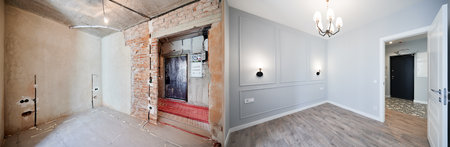 Photo collage of apartment room before and after restoration or refurbishment. Old room with doorway and new renovated living room with parquet floor and elegant interior design.の写真素材
