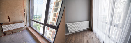 Comparison of apartment flat before and after restoration or refurbishment. Photo collage of old room with large windows and new renovated room with heating radiator, parquet floor and white walls.の写真素材