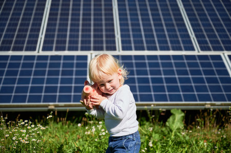 Child trying to find out how much money is in his piggy bank on background of solar panels. Small kid learning about saving money for future. Concept of saving money, investment in renewable energy.の写真素材