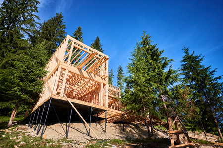 Residential building with wooden frame in process of being built near a forest. Beginning of new construction of comfortable cottage. Idea of ecological construction, contemporary architectural designの写真素材