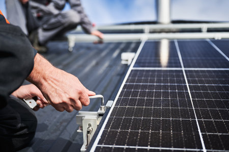 Man engineer mounting photovoltaic solar panels on roof of house. Close up view of technician installing solar module system with help of hex key. Concept of alternative, renewable energy.の写真素材