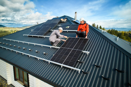 Male technicians adjusting the solar panel on roof of house. Solar system installation on top of building. Engineers in helmets installing solar panel system.の写真素材