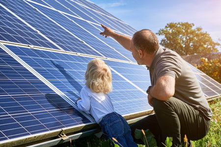 Man showing his son solar panels during sunny day. Father presentng to child modern energy resource. Back view of father and his child watching on solar station.の写真素材