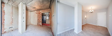 Comparison of apartment room before and after refurbishment. Old room before restoration and new renovated room with elegant interior design.の写真素材