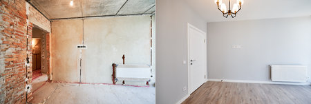 Photo collage of apartment room before and after restoration or refurbishment. Old room with doorway and new renovated living room with parquet floor and elegant interior design.の写真素材
