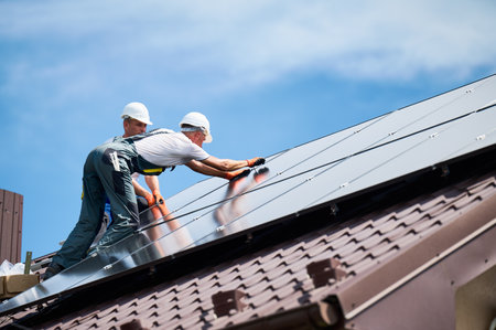 Workers building photovoltaic solar panel system on rooftop of house. Men technicians installing solar module with help of hex key outdoors. Alternative and renewable energy generation concept.の写真素材