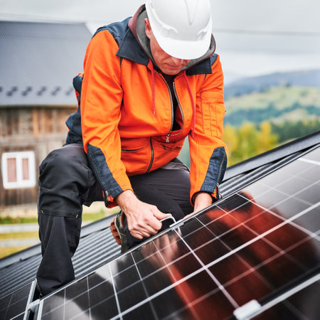 Man builder mounting photovoltaic solar panels on roof of house. Engineer in helmet installing solar module system with help of hex key. Concept of alternative, renewable energy.の写真素材