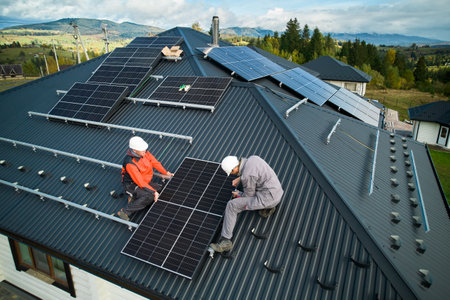 Technicians installing photovoltaic solar panels on roof of house. Men engineers in helmets building solar module system with help of hex key. Concept of alternative, renewable energy.の写真素材