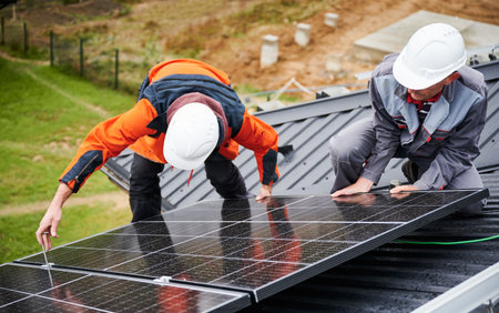 Mounters installing photovoltaic solar panels on roof of house. Men engineers in helmets building solar module system with help of hex key. Concept of alternative, renewable energy.の写真素材