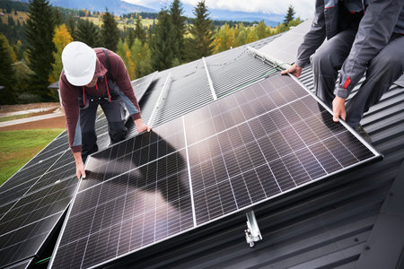 Builders building photovoltaic solar module station on roof of house. Men electricians in helmets installing solar panel system outdoors. Concept of alternative and renewable energy.の写真素材