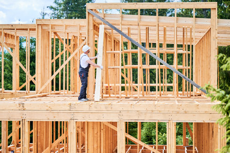 Carpenter constructs wooden-framed house. Man holds large plank in his hands while dressed in work clothes and helmet. Concept of modern ecological construction.の写真素材