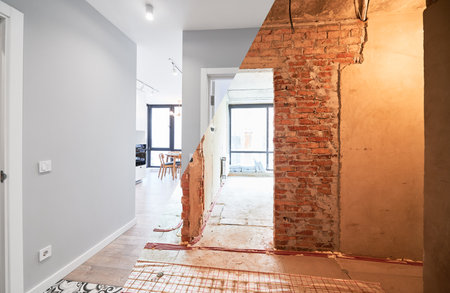 Comparison of old apartment before restoration and new renovated flat with modern interior design. Apartment before and after renovation.の写真素材