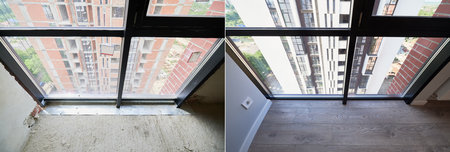 Comparison of living room with large panoramic windows before and after restoration or refurbishment. Residential apartment building behind window glass. Home renovation concept.の写真素材