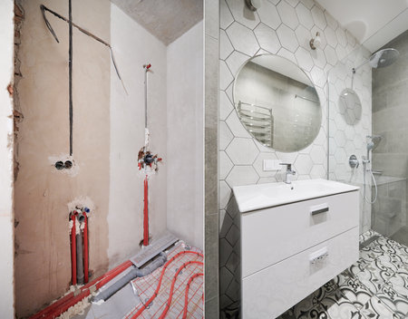 Photo collage of apartment bathroom before and after restoration. Comparison of old room with underfloor heating pipes and new renovated restroom with sink, shower and mirror.の写真素材