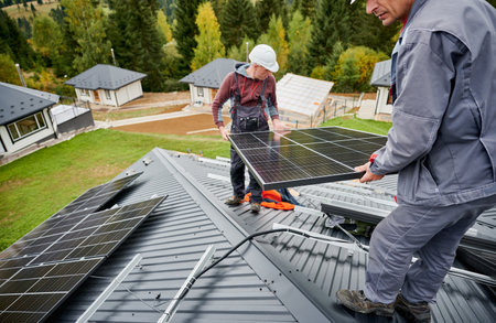 Engineers building solar panel system on roof of house. Men workers in helmets carrying photovoltaic solar module outdoors. Concept of alternative and renewable energy.の写真素材