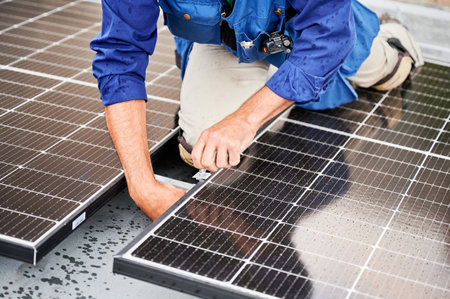 Worker building solar panel system on metal rooftop of house. Man engineer installing photovoltaic solar module outdoors. Alternative, green and renewable energy generation concept.の写真素材