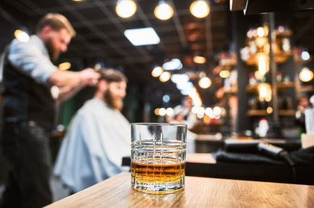 Close-up photo of a glass of whiskey. High-quality barbershop offering drinks to customers. Glass with alcohol on the background of hairstylist making haircut.の写真素材