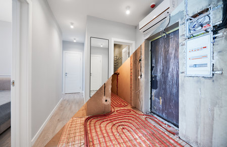 Old apartment with brick walls and new renovated flat with doors, mirror, air conditioner and stylish design in white tones. Inferior of apartment before and after renovation.の写真素材