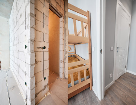 Comparison of children room with wooden bunk bed before and after restoration. Old apartment room with brick wall and new renovated flat with parquet floor and kid house bed.の写真素材