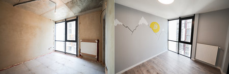 Old apartment room with brick wall and new renovated flat with parquet floor. Comparison of children room before and after renovation.の写真素材