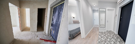Modern apartment with doorways before and after refurbishment. Comparison of old flat and new place with white walls and modern interior design. Concept of home renovation.の写真素材